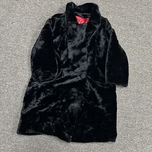 Donny brook Faux Fur Coat Womens L Black Good‎ Red Lining Plush Button Front